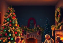 Christmas Day: Celebrating Love, Peace, and Joy Around the World image of a decorated Christmas tree, colorful ornaments, a cozy fireplace, and family members