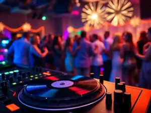 A DJ spinning lively music as guests dance under colorful lights at a New Years Eve celebration