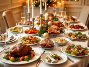 A beautifully set table with a delicious spread of New Years Eve dinner options including roast meats and seafood platters