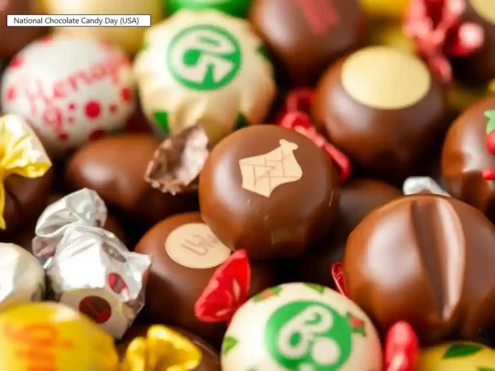 A close-up image of various chocolate candies, featuring both milk and dark chocolate varieties with festive wrapping.