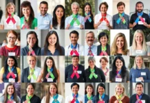 Rare Disease Day (February 28th or 29th) A collage of people from diverse backgrounds, showing their support for rare disease awareness ribbons for various rare conditions.