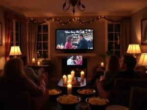 A cozy living room with friends enjoying New Years Eve movies popcorn in hand as they prepare for the midnight countdown