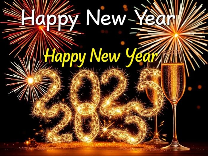 A festive Happy New Year 2025 image featuring fireworks and champagne glasses, symbolizing a fresh start and celebration.