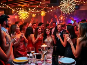 A glamorous New Years Eve party with people in elegant attire celebrating with drinks dancing and laughter