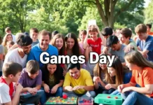 Games Day: A Celebration of Fun, Friendship, and Play A group of people enjoying various games together, from board games to outdoor activities, representing the spirit of Games Day