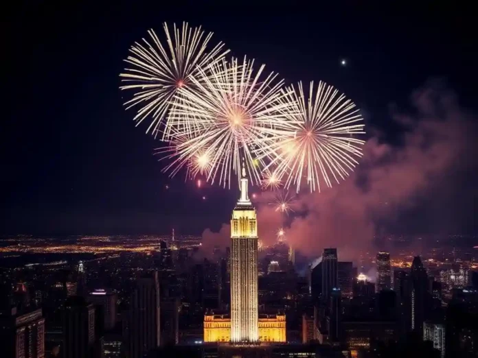 A magnificent view of New Year's Eve fireworks illuminating the night sky over a major landmark, epitomizing the excitement and joy of the celebration.