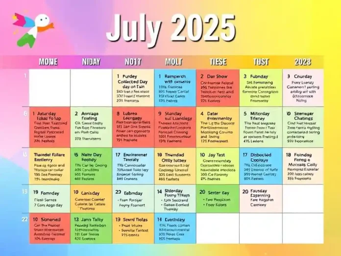 A vibrant calendar of July 2025 with key dates highlighted AI