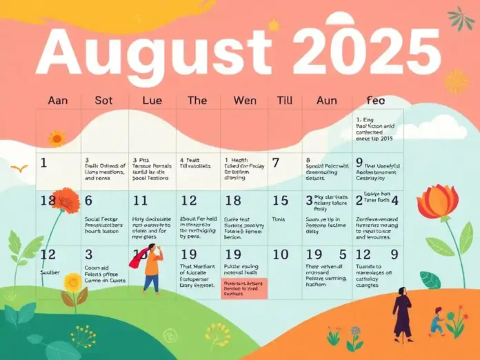 A vibrant collage representing various events, festivals, and observances happening throughout August, such as Independence Day, International Friendship Day, and more.