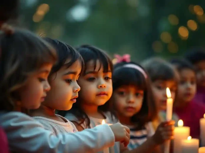 An image of a serene, peaceful scene of children, perhaps with candles or light symbols, symbolizing remembrance and innocence.