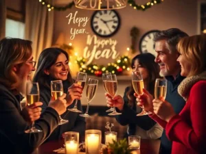 Friends and family exchanging heartfelt New Years Eve wishes with champagne glasses raised as midnight approaches