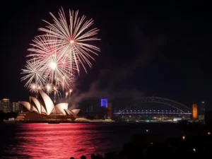 Spectacular New Years Eve fireworks lighting up Sydney Harbour with the Opera House and Harbour Bridge in the background