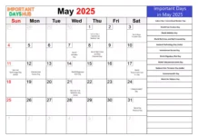 Important Days in May 2025 (List) calendar page highlights of important days in may