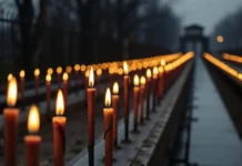 International Holocaust Remembrance Day: Honoring the Victims and Remembering the Tragedy candles lit in remembrance of Holocaust victims the Auschwitz memorial.