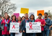 National Human Trafficking Awareness Day: A Critical Step Towards Combating Modern Slavery individuals standing in solidarity against human trafficking, with awareness ribbons or protest signs