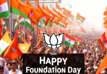The Foundation Day of Bharatiya Janata Party (BJP): A Celebration of Political Legacy and National Impact large BJP rally with party flags , the party on Foundation Day