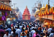 Top 10 Biggest Mela in India: Celebrating Culture and Spirituality A bustling scene of one of India’s largest religious festivals, with colorful decorations, thousands of people, and traditional cultural performances.