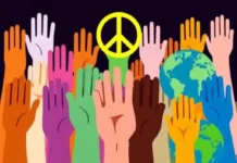 Human Rights Week A colorful collage of human rights symbols such as diverse hands joining together, a peace symbol, and a globe