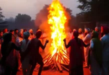 Lohri: The Festival of Harvest and Bonfires A vibrant bonfire with people dancing around it, traditional Punjabi attire, and a festive atmosphere.