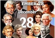 Famous Birthdays on December 28 A vibrant collage featuring portraits of famous individuals born on December 28, such as actors, musicians, and historical figures.