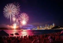 How is Australia Day Celebrated: A National Day of Unity and Reflection A vibrant image showcasing fireworks over Sydney Harbour, with people celebrating on the beaches, enjoying barbecues, and participating in various community events on Australia Day.