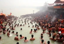 Maha Kumbh Ek Rahasya: (A Story of Mystery) A vibrant scene of devotees bathing at the Sangam during Kumbh Mela, with the sacred rivers in the background, symbolizing the unity of faith.