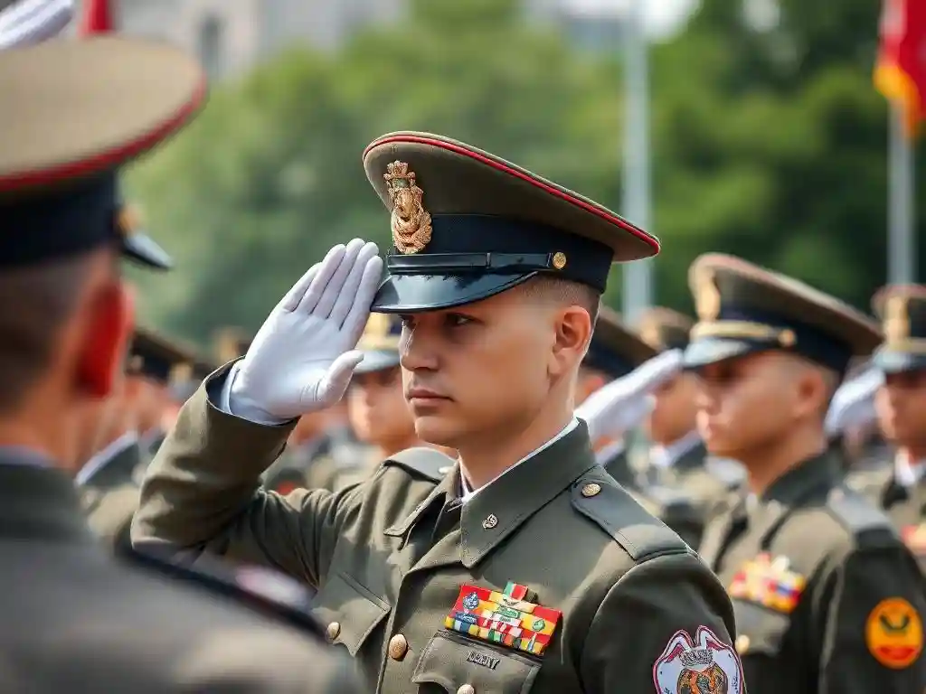 An image depicting the military salute during a parade or a solemn ceremony honoring the defense personnel. An image depicting the military salute during a parade or a solemn ceremony honoring the defense personnel.