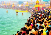 Mauni Amavasya: The Second Amrit Snan of Maha Kumbh Pilgrims gathered at the holy river during the Kumbh Mela, with the vibrant colors of the event and religious rituals in the background.