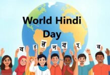 World Hindi Day 2025: Celebrating the Global Impact of Hindi Language A placeholder image showcasing the Hindi script, with a background that represents global unity, such as people from different cultures holding up signs with the Hindi alphabet.