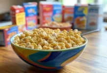 National Cereal Day A bowl of colorful breakfast cereal with milk, surrounded by various cereal boxes and a spoon.