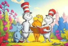 Dr. Seuss Day (March 2nd) A colorful illustration of Dr. Seuss characters such as The Cat in the Hat, Horton, and the Lorax, celebrating the joy of reading on Dr. Seuss Day.