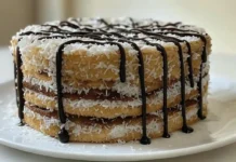 National Coconut Torte Day: Indulging in a Tropical Delight A delectable coconut torte adorned with shredded coconut, showcasing its rich, multi-layered texture