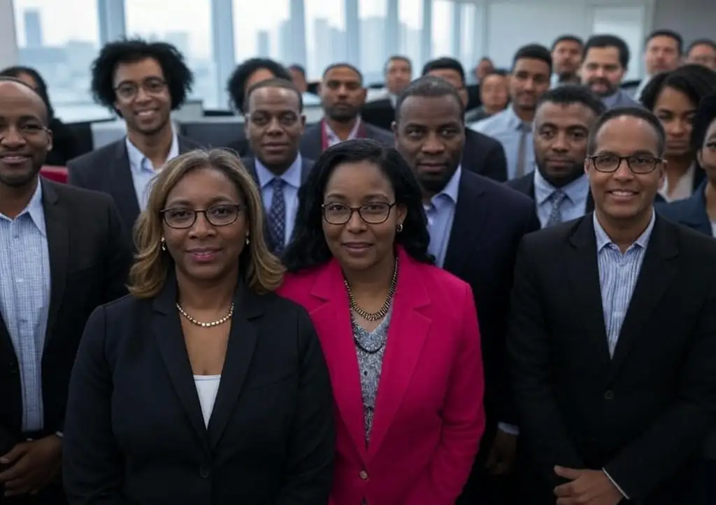 A group of Black journalists in a newsroom, celebrating Black Press Day and honoring the history of Black journalism A group of Black journalists in a newsroom, celebrating Black Press Day and honoring the history of Black journalism