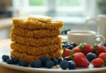 National Flapjack Day A stack of golden, syrup-drenched flapjacks with butter melting on top, accompanied by fresh berries and a cup of coffee.