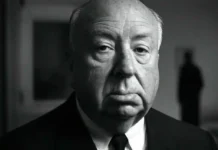 Alfred Hitchcock Day: Honoring the Master of Suspense Alfred Hitchcock portrait with dark and suspenseful imagery symbolizing his film style