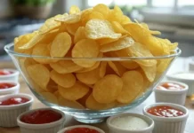 National Potato Chip Day: Celebrating America’s Favorite Crunchy Snack Assorted potato chips in a bowl with various dipping sauces on the side National Potato Chip Day