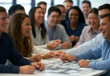 International Fun at Work Day: April 1st Employees laughing and enjoying a team-building game to celebrate International Fun at Work Day