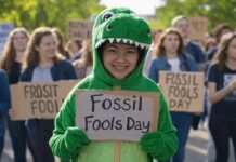 Fossil Fools Day 2025 (April 1st) a person wearing a dinosaur costume holding a sign of Fossil Fools Day