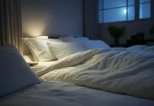 World Sleep Day: Promoting Healthy Sleep Habits Worldwide bedroom setting with soft lighting, a comfortable bed, and calming decor World Sleep Day