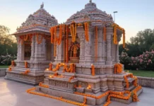 Hindu Festivals in April 2025: Dates, Significance & Rituals A beautifully decorated Hindu temple during spring, lit with diyas and colorful flowers