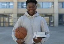 National Student-Athlete Day (April 6th) A smiling student-athlete holding textbooks in one hand and sports equipment in the other