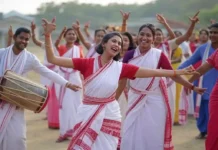 Bihu: Assam’s Vibrant Festival Celebrating Seasons and Unity Assamese dancers performing Bihu in traditional Mekhela Chador