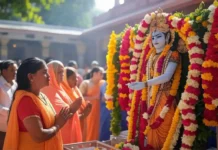 Ram Navami Devotees offering flowers to an idol of Lord Rama during Ram Navami puja