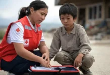 World Red Cross Day: Honoring Humanity’s Lifeline A Red Cross volunteer providing first aid to a child in a disaster-stricken area