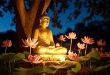 Buddha Day (Vesak): Celebrating the Life and Enlightenment of the Buddha Golden Buddha statue with lotus flowers during Vesak celebration