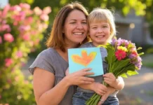Mother’s Day: A Special Tribute to All Mothers mother embracing her child while receiving flowers and a handmade Mother’s Day card