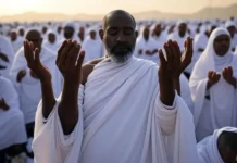 Day of Arafah: A Sacred Day of Forgiveness and Reflection in Islam Pilgrims standing in prayer on the plains of Arafah under the sun
