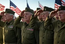 D-Day Anniversary: Honoring the Heroes of June 6, 1944 Veterans saluting at Normandy beach during D-Day memorial service