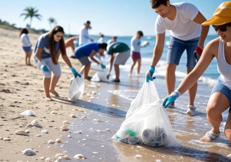 Volunteers picking up plastic waste during a beach cleanup on National Beach Day Volunteers picking up plastic waste during a beach cleanup on National Beach Day