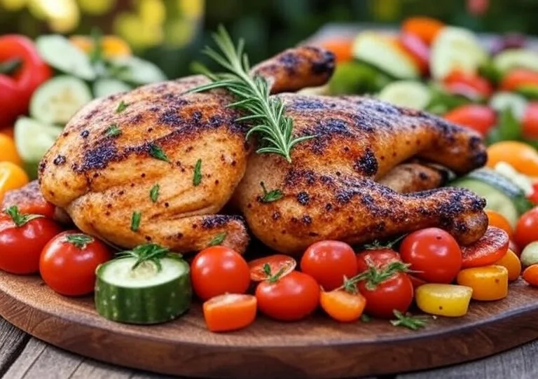 Grilled chicken breasts with vegetables on a plate – healthy meal option - National Chicken Month celebrated Grilled chicken breasts with vegetables on a plate – healthy meal option - National Chicken Month celebrated