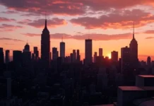 Skyscraper Day September 3 : Celebrating the Marvels That Touch the Sky Skyline view of modern city with towering skyscrapers at sunset on Skyscraper Day